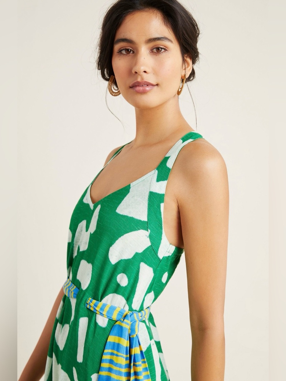 Like New! Anthro Green and White Abstract Maxi Dress with Side Slit - Picture 3 of 6